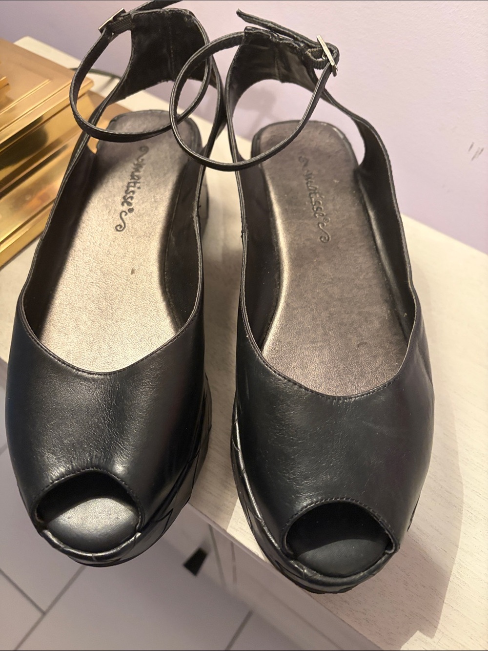 Vintage- Black Open-Toe Ankle Strap Wedge Sandals